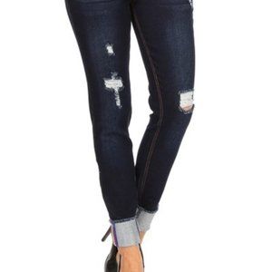 Ripped Denim Jeggings with Stripe Cuff Detail